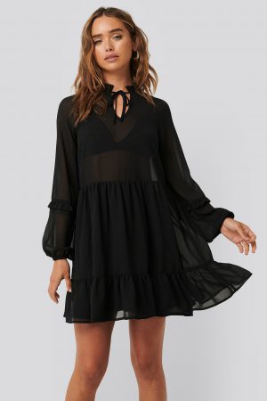 NA-KD Boho Tie Neck Flowy Mini Dress - Black