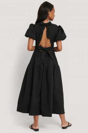 NA-KD Boho Tie Back Flower Structured Dress - Black