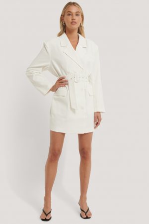 NA-KD Classic Wide Shoulder Belted Blazer Dress - White