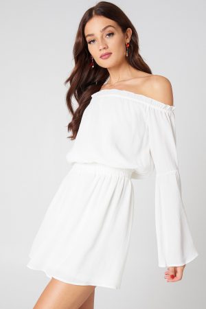 NA-KD Boho Wide Sleeve Off Shoulder Dress - White